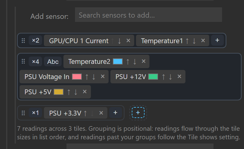 The Custom sensor list editor in the settings panel at its real width: the Add sensor search field, then three tiles built by hand, a two-cell tile holding GPU/CPU 1 Current and Temperature1, a four-cell tile with its Abc label toggle and a color well beside each of its four chips, and a one-cell tile holding PSU +3.3V, each tile with a grip and a size control, each chip with move arrows and a remove cross, a plus inside a tile with room and a dashed plus for a new tile, and the note reading 7 readings across 3 tiles.