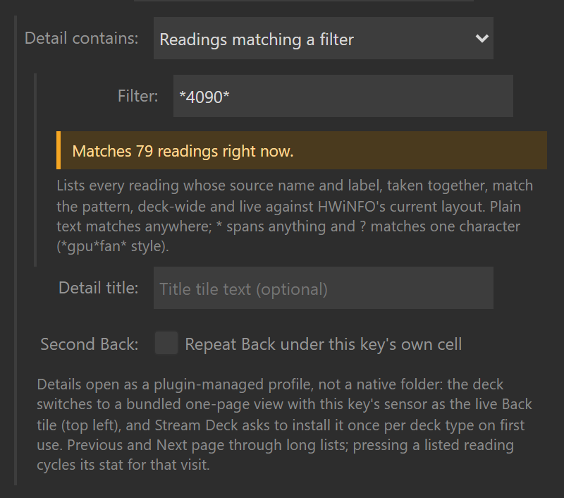 The Press section of the settings panel with Detail contains set to Readings matching a filter: the Filter field holds the pattern star 4090 star, and a live hint under it reads Matches 79 readings right now, above the help text, the Detail title field and the unticked Second Back checkbox.