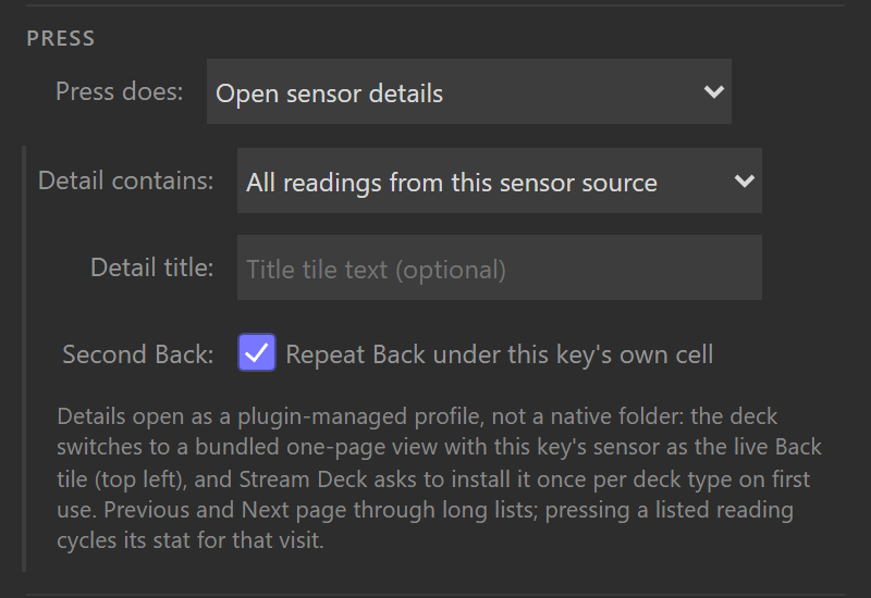 The Press section of the settings panel: Press does set to Open sensor details, Detail contains on All readings from this sensor source, an empty Detail title field, and the Second Back checkbox ticked, reading Repeat Back under this key's own cell.