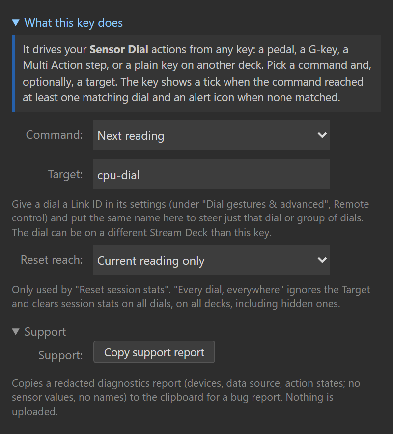 The HWiNFO Control key's settings panel with every section open: the "What this key does" intro, the Command select on "Next reading", the Target field reading "cpu-dial", the Reset reach select with the help text explaining Link ID targeting, and the Copy support report button.
