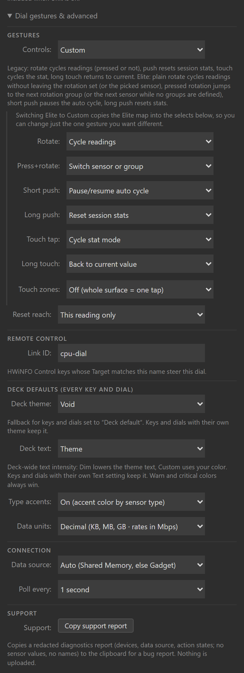 The Custom preset's per-gesture selects in the settings panel: Rotate, Press+rotate, Short push, Long push, Touch tap and Long touch, each with its own command, above the Touch zones, Reset reach and Link ID fields.