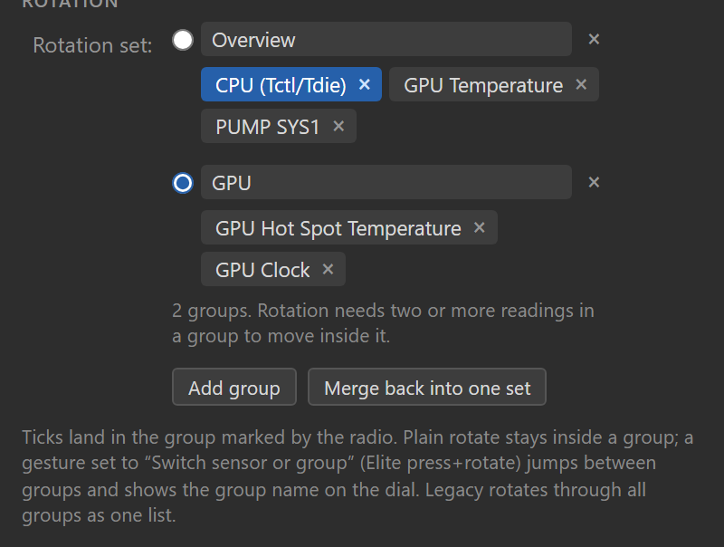 The rotation set split into two named groups: "Overview" holding CPU temperature, GPU temperature and pump chips with the CPU chip highlighted blue as the reading on the dial, and "GPU" holding GPU hot spot and GPU clock chips, each group with a name field and a remove button, the collector radio marked on "GPU", with the Add group and Merge back into one set buttons below.