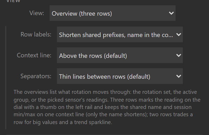 The dial's View setting in the settings panel set to the three-row overview, with the Row labels, Context line and Separators selects it reveals below it.