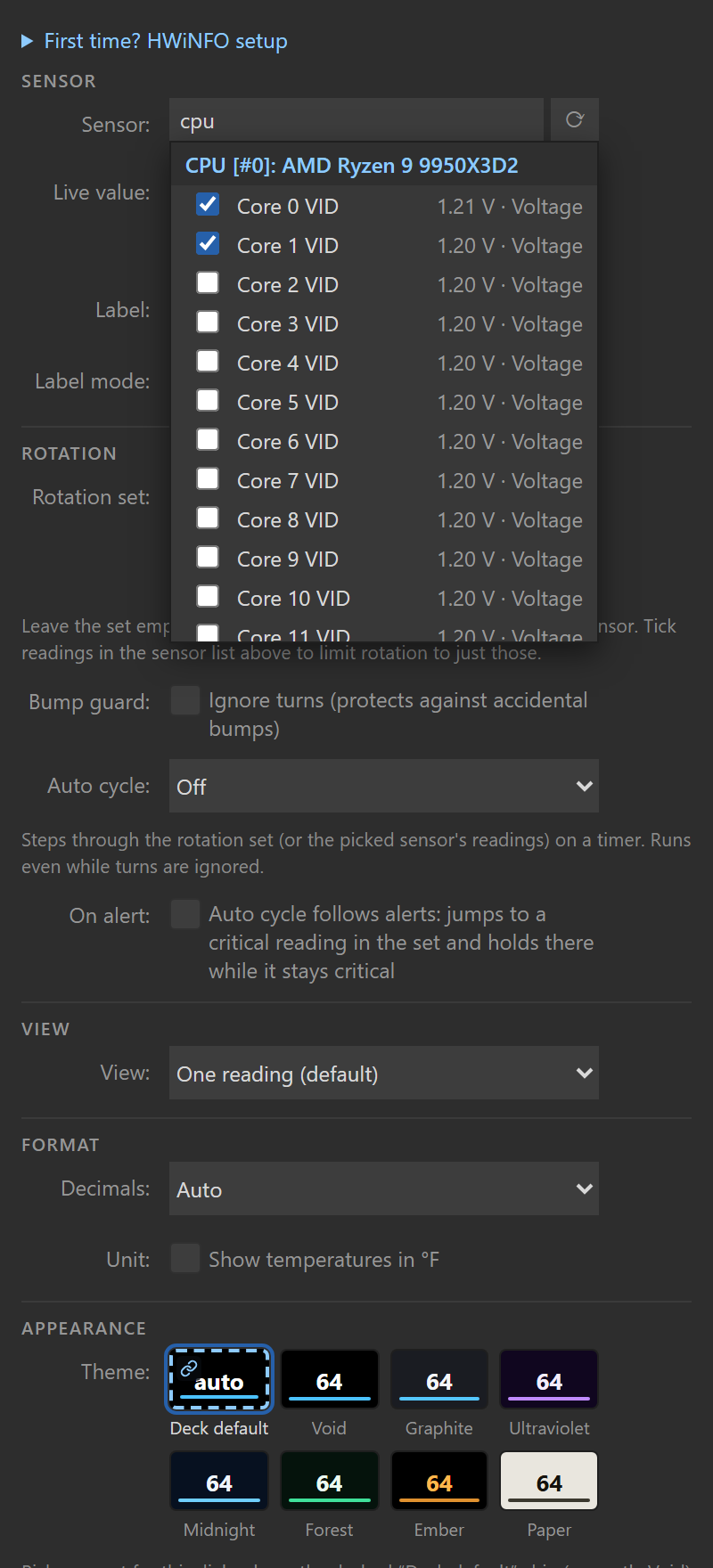 The dial's sensor picker open with "cpu" typed, each row carrying a rotation-set checkbox with its live value: two rows ticked, the rest unticked.