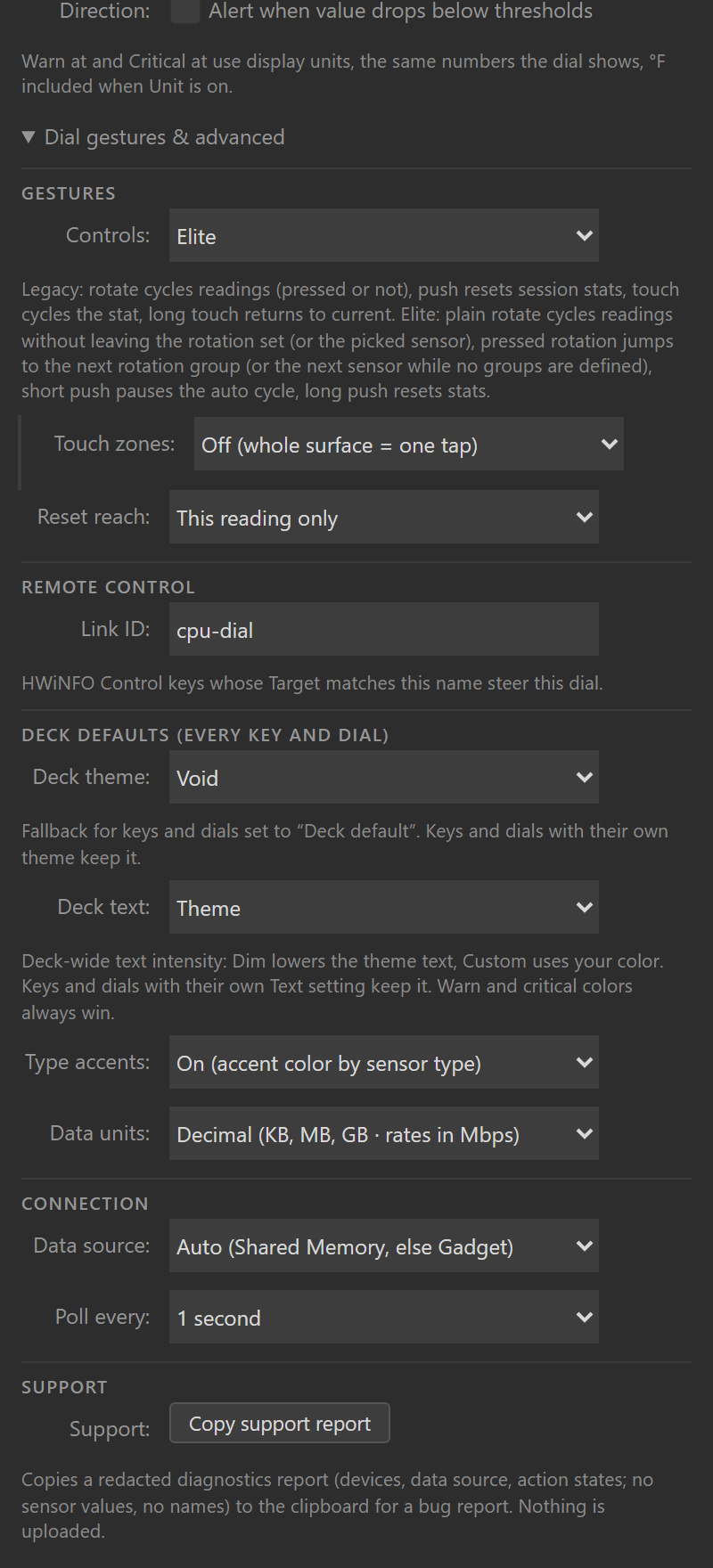 The dial's settings panel with the "Dial gestures & advanced" section open: the Controls preset select on Elite with its help text, the Touch zones and Reset reach selects, and a Link ID field reading "cpu-dial".