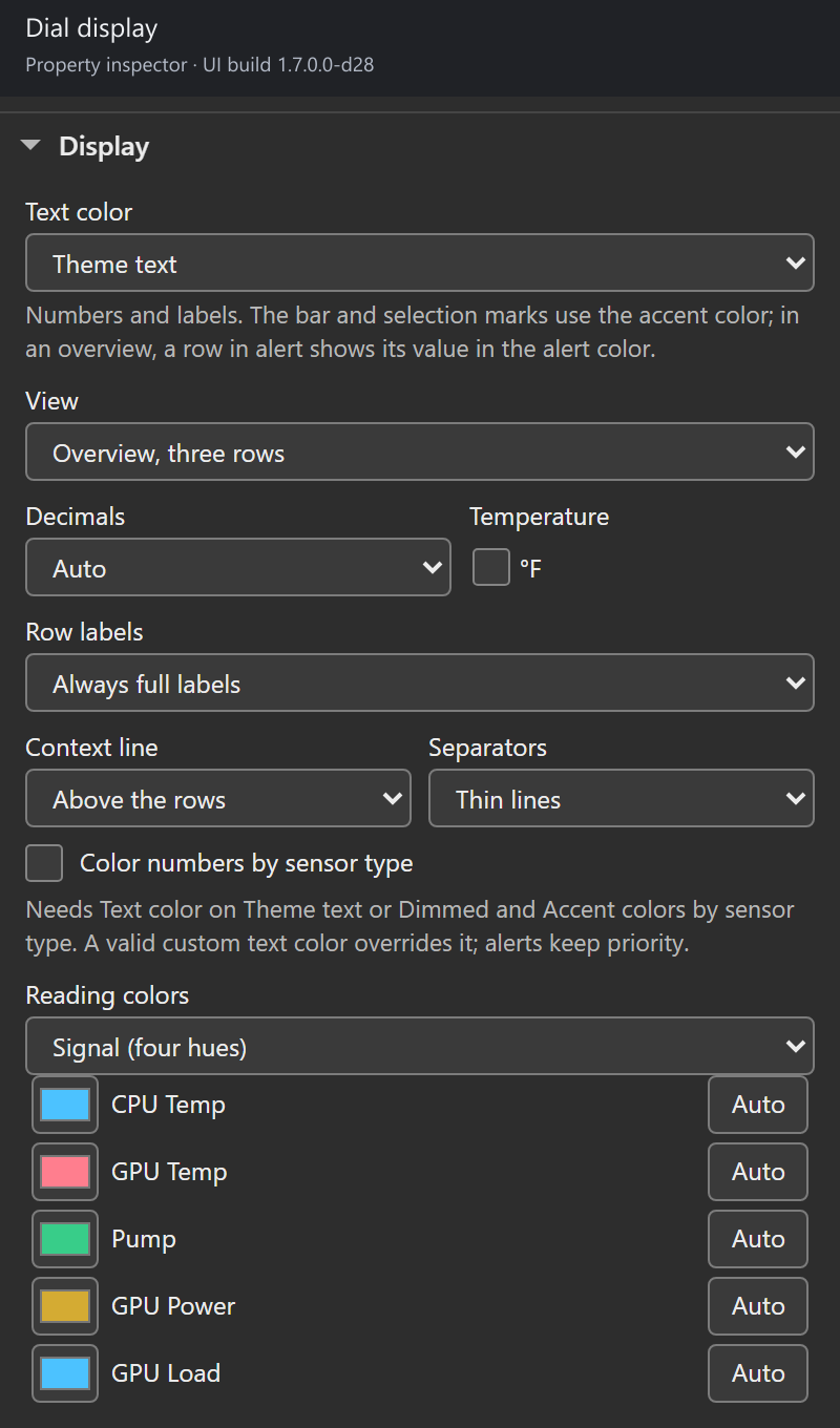 The dial's Display section: Text color on Theme text, View on Overview, three rows, Decimals, the °F box, Row labels, Context line and Separators, the Color numbers by sensor type box, and Reading colors on Signal with five readings, each with its color well and an Auto button.