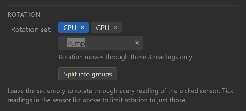 The dial's Rotation set in the settings panel: two chips already renamed to "CPU" and "GPU" (the first highlighted because that reading is on the dial), and a third chip open in its inline rename box with the typed name selected, above the line reading "Rotation moves through these 3 readings only".