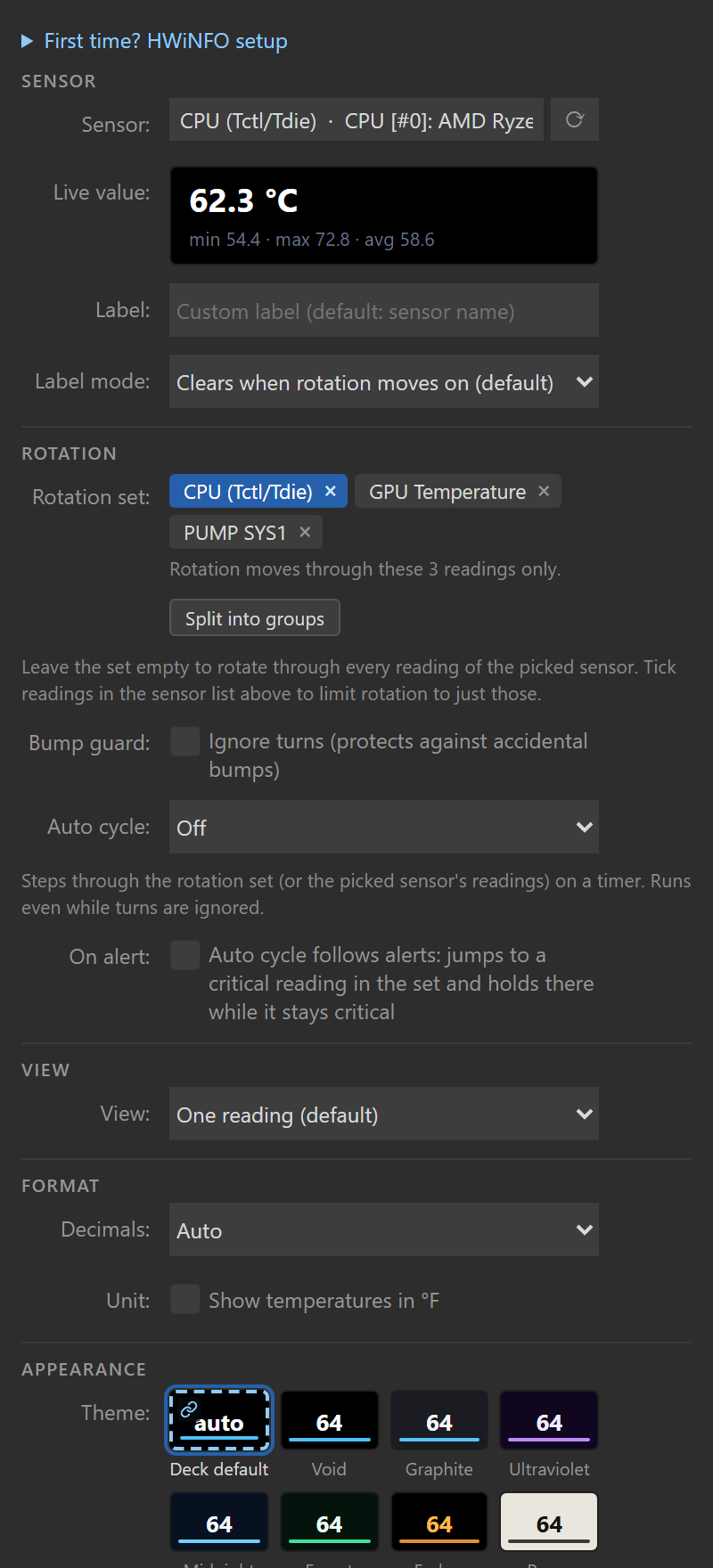 The dial's settings panel with a rotation set of three readings from three different sensors (CPU temperature, GPU temperature, pump) shown as removable chips with a Split into groups button, the CPU temperature chip highlighted blue as the reading on the dial, above the Ignore turns checkbox, the Auto cycle select and the On alert option.