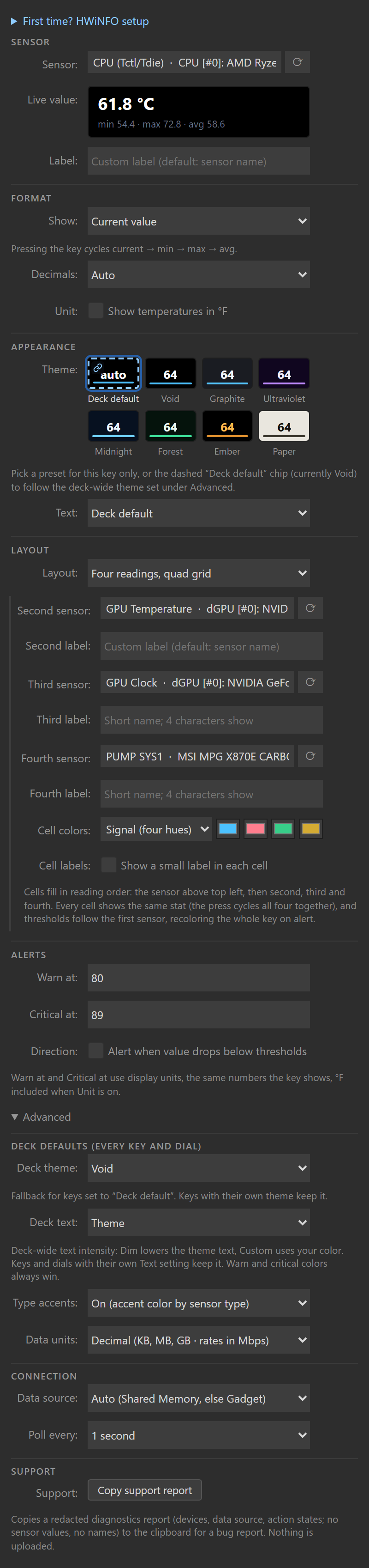 The key's settings panel with Layout set to Four readings, quad grid: the Third and Fourth sensor pickers holding a GPU clock and a pump speed, the Cell colors row with its preset select and four color wells, and the Cell labels toggle below them.