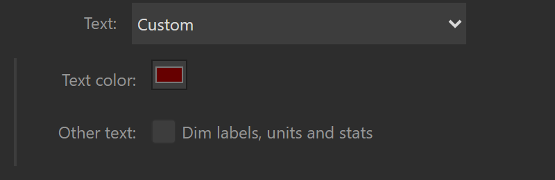 The Text select under the theme gallery, set to Custom, with the Text color well and the "Dim labels, units and stats" checkbox revealed.
