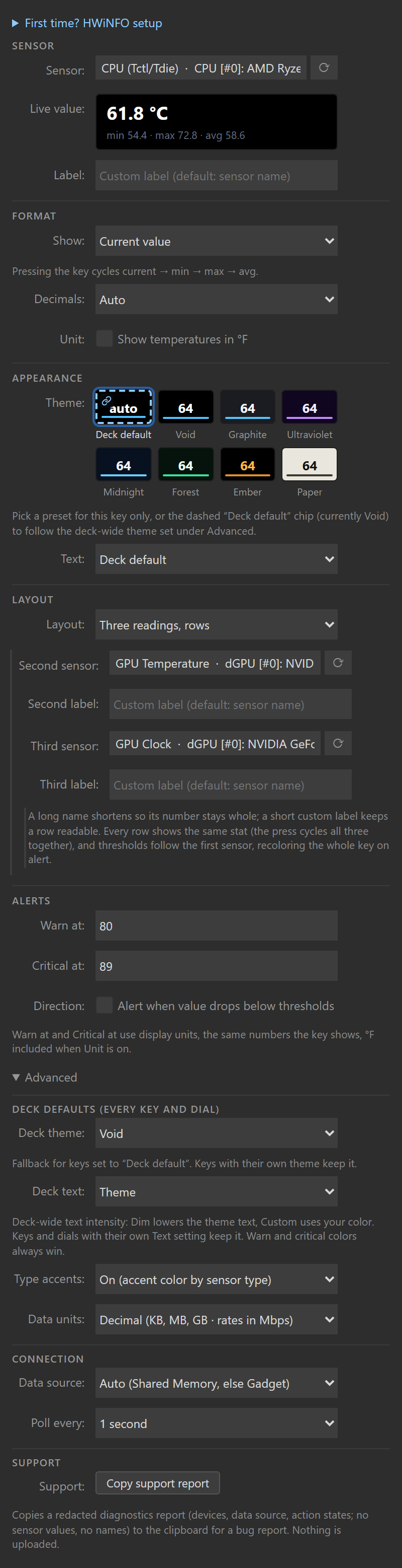 The key's settings panel with Layout set to Three readings, rows: the Second and Third sensor pickers holding a GPU temperature and a GPU clock, their label fields, and the three-row help text below.