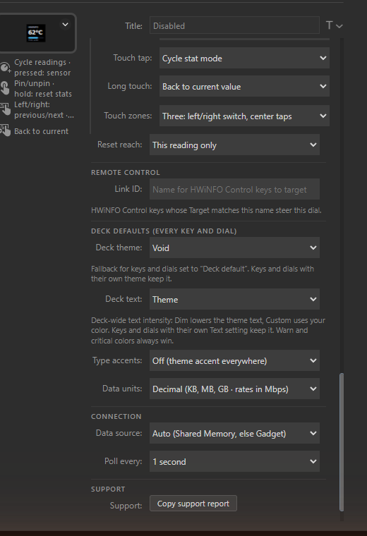 The dial's expanded Dial gestures & advanced fold in the Stream Deck app: the Remote control header with the Link ID field, then Deck defaults (every key and dial) with Deck theme, Deck text, Type accents and Data units, Connection with Data source and Poll every, and Support.
