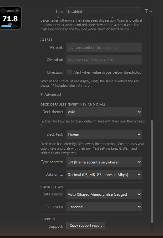 The expanded Advanced section in the Stream Deck app: the Deck defaults header over Deck theme, Deck text, Type accents and Data units rows, then Connection with Data source and Poll every, and Support with the Copy support report button.