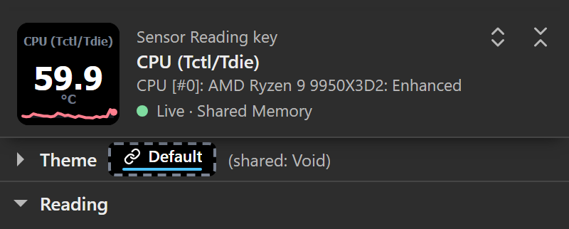 The same panel with the theme band folded: one row reading Theme, a small Default chip with its link mark and dashed frame, then (shared: Void), and the Reading section directly under it.