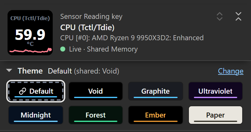 The top of the key's settings panel: the header with the key's live face, then the theme band open, its row reading Theme, Default (shared: Void) after a fold marker, with a Change link at the end, above eight named chips in two rows: the dashed Default chip with its link mark, selected, then Void, Graphite, Ultraviolet, Midnight, Forest, Ember and Paper, each drawn in its own colors with its name on it.
