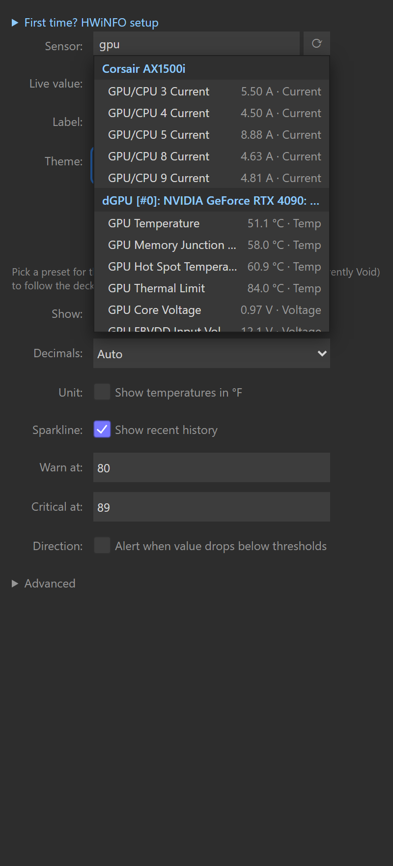 The Sensor picker open with "cpu" typed in the search box, showing results grouped under CPU and GPU headings, each row with its live value, unit, and type.