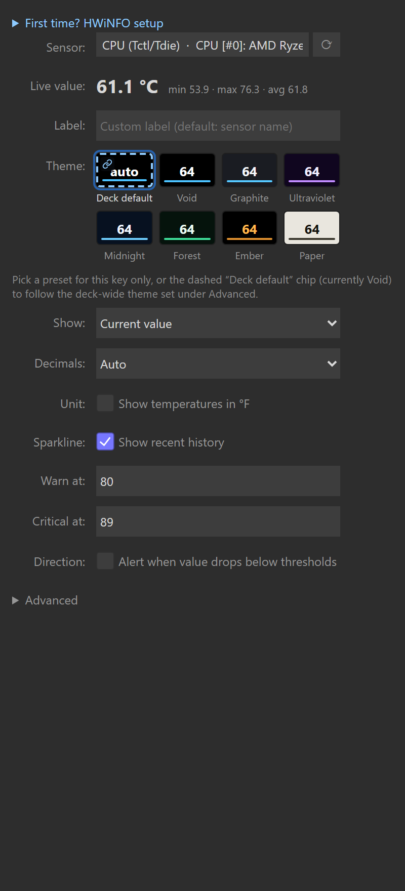 The property inspector showing the Warn at, Critical at and Direction settings with example values filled in.