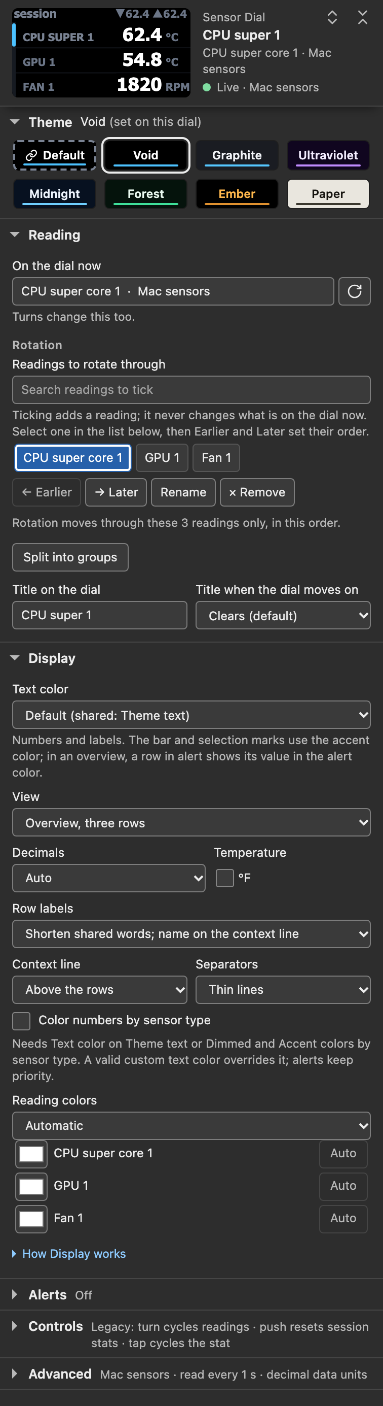 Sensor Dial settings