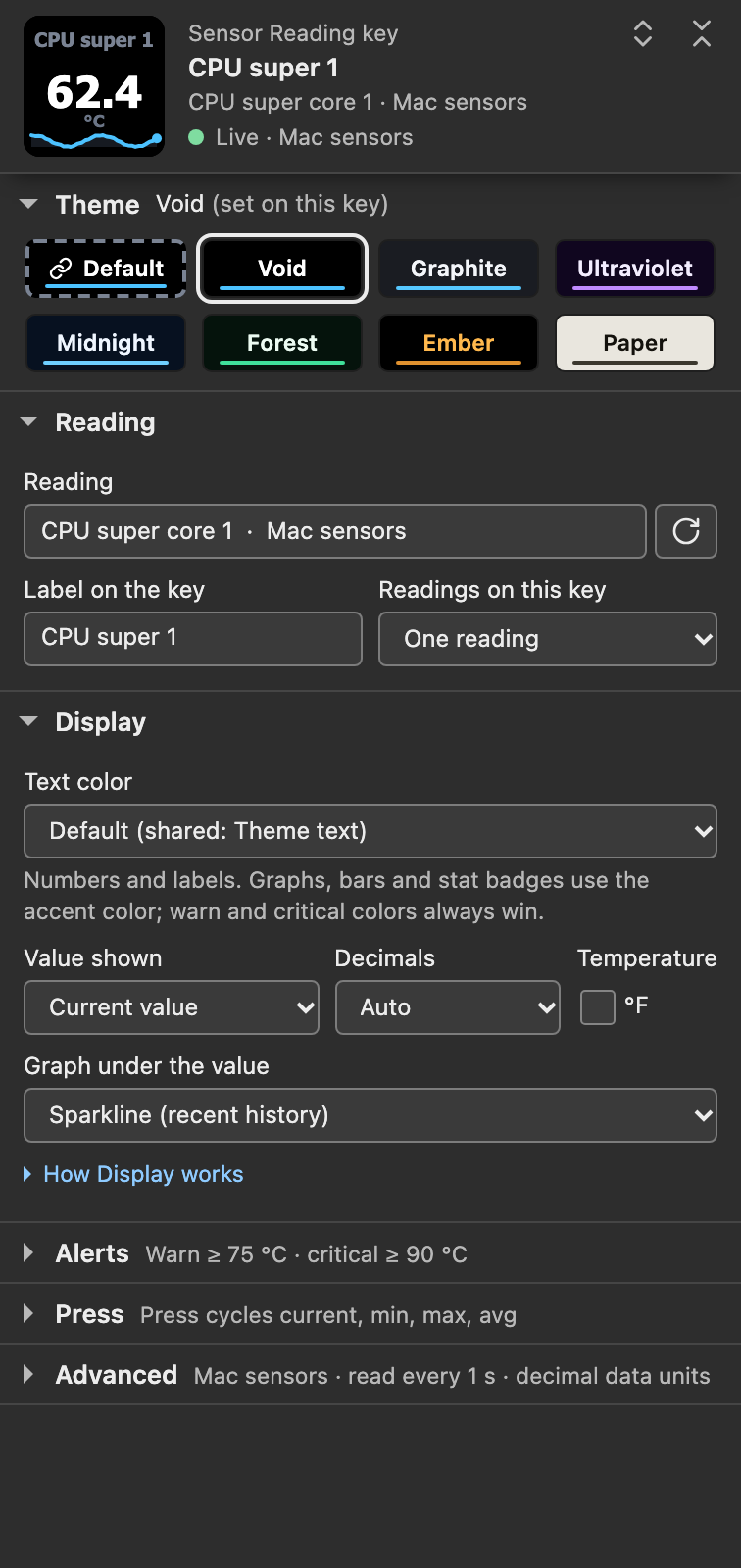 Sensor Reading settings